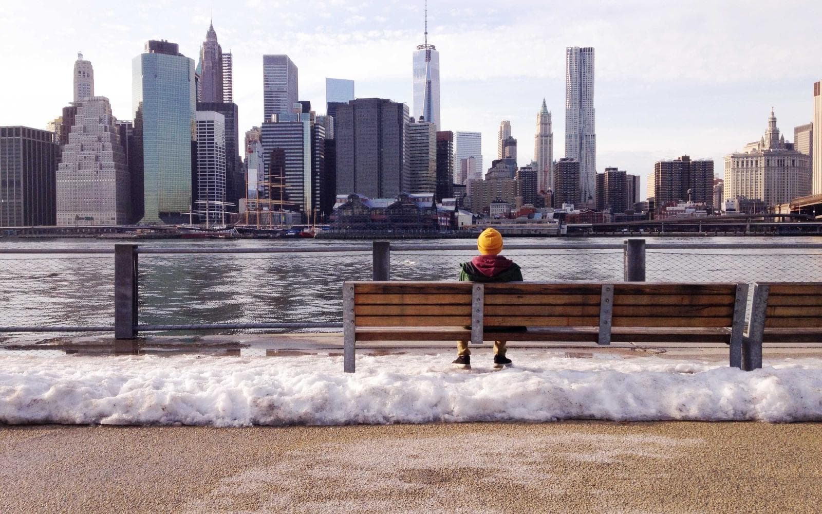A person on a bench looking across the water at a city skyline