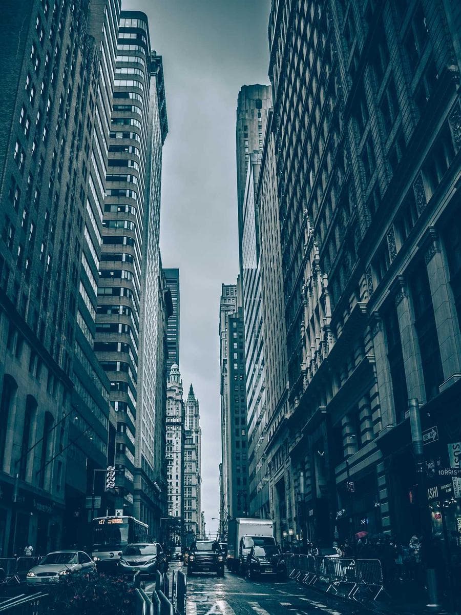Tall office towers seen from street level